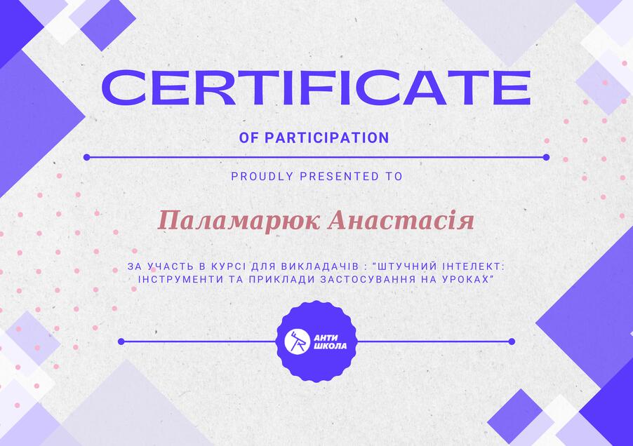 Сертифікат Паламарюк Анастасія